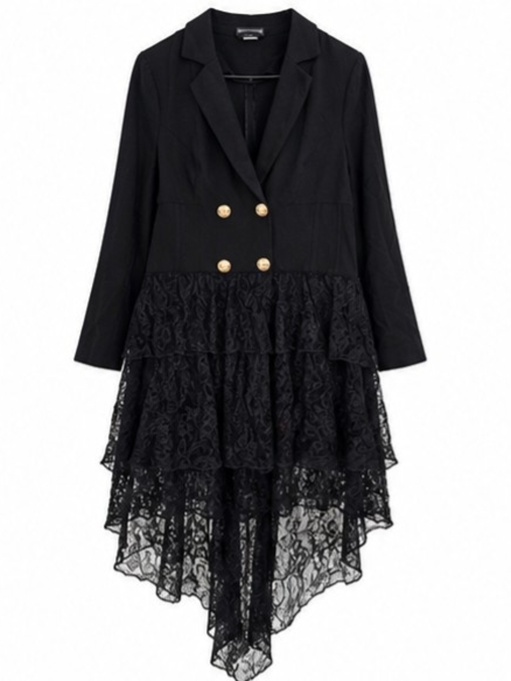 VENUS Black Asymmetrical Lace Tiered Blazer Dress with Gold Buttons